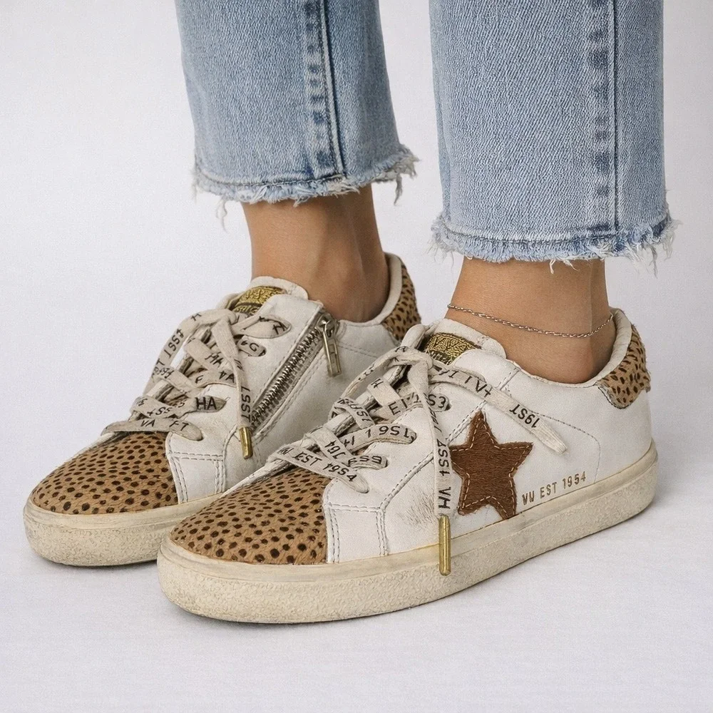Vintage Havana Sneaker Womens Size 5 White Cheetah Print Star Zip Calf Hair Shoe